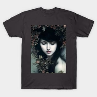 Floral Somberness: A Dark and Enchanting Portrait of Beauty and Mystery T-Shirt